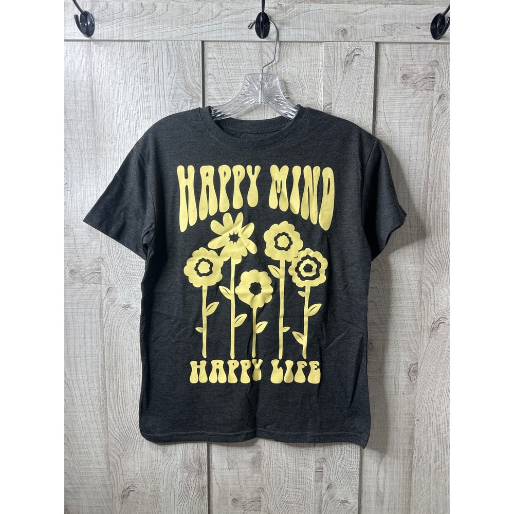 Modern Lux Happy Mind Happy Life Graphic Tee Gray Floral XS